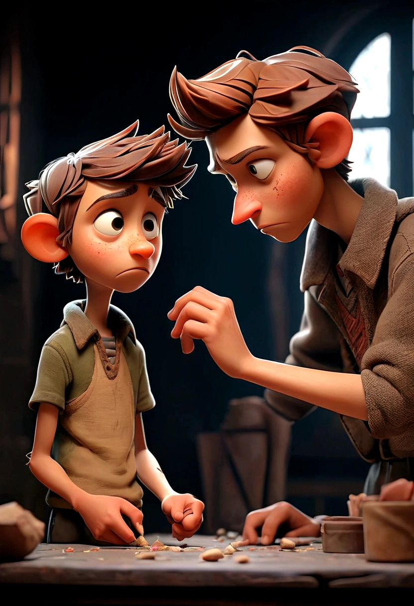 (((Best quality))), high detail, depth of field, Focus: 1.2, Dark room with broken windows, a man takes a splinter out of a boy's hand