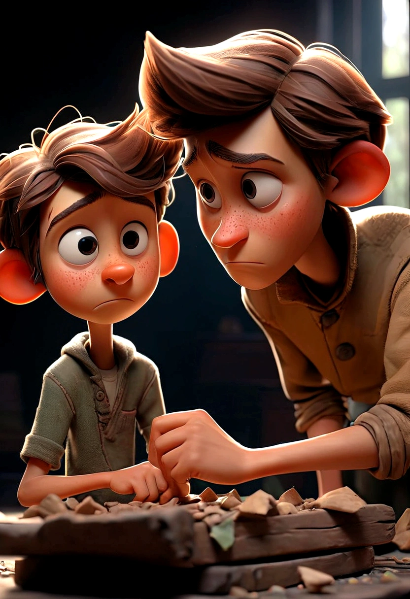 (((Best quality))), high detail, depth of field, Focus: 1.2, Dark room with broken windows, a man takes a splinter out of a boy's hand