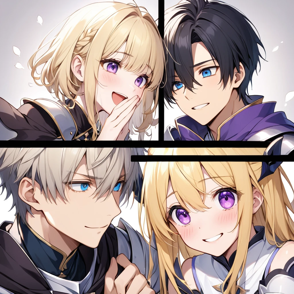 Two people、Boy and Girl、Blond hair, blue eyed boy、A girl with short black hair and purple eyes、Beautiful knight boy、Delicate beautiful wizard girl、A boy covering his mouth with the back of his hand in embarrassment、A girl smiling at a boy