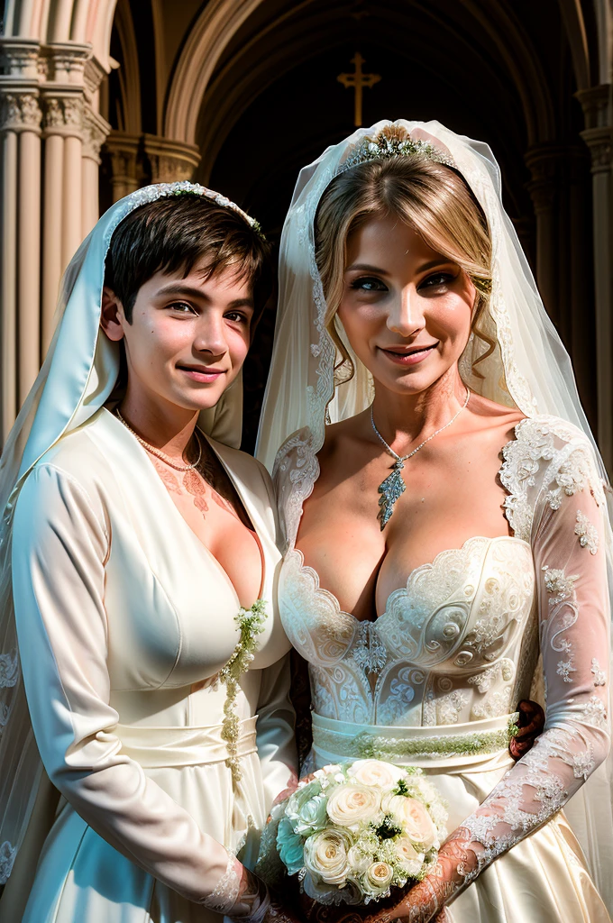 ((Mother and son getting married picture:1.5)), Ultra detailed photo of a ultra sexual incredibly gorgeous Ukrainian 32 year old sexy angelic supermodel mother nun bride dressed as nun in a gothic cathedral, mystical lights, backlit, ((very detailed faces)), focus on face, (cleavage:1.5), ink lines, dynamic, modern, awe inspiring, whimsical, complex, dreamlike, magical, visually stunning, high contrast, soft colors