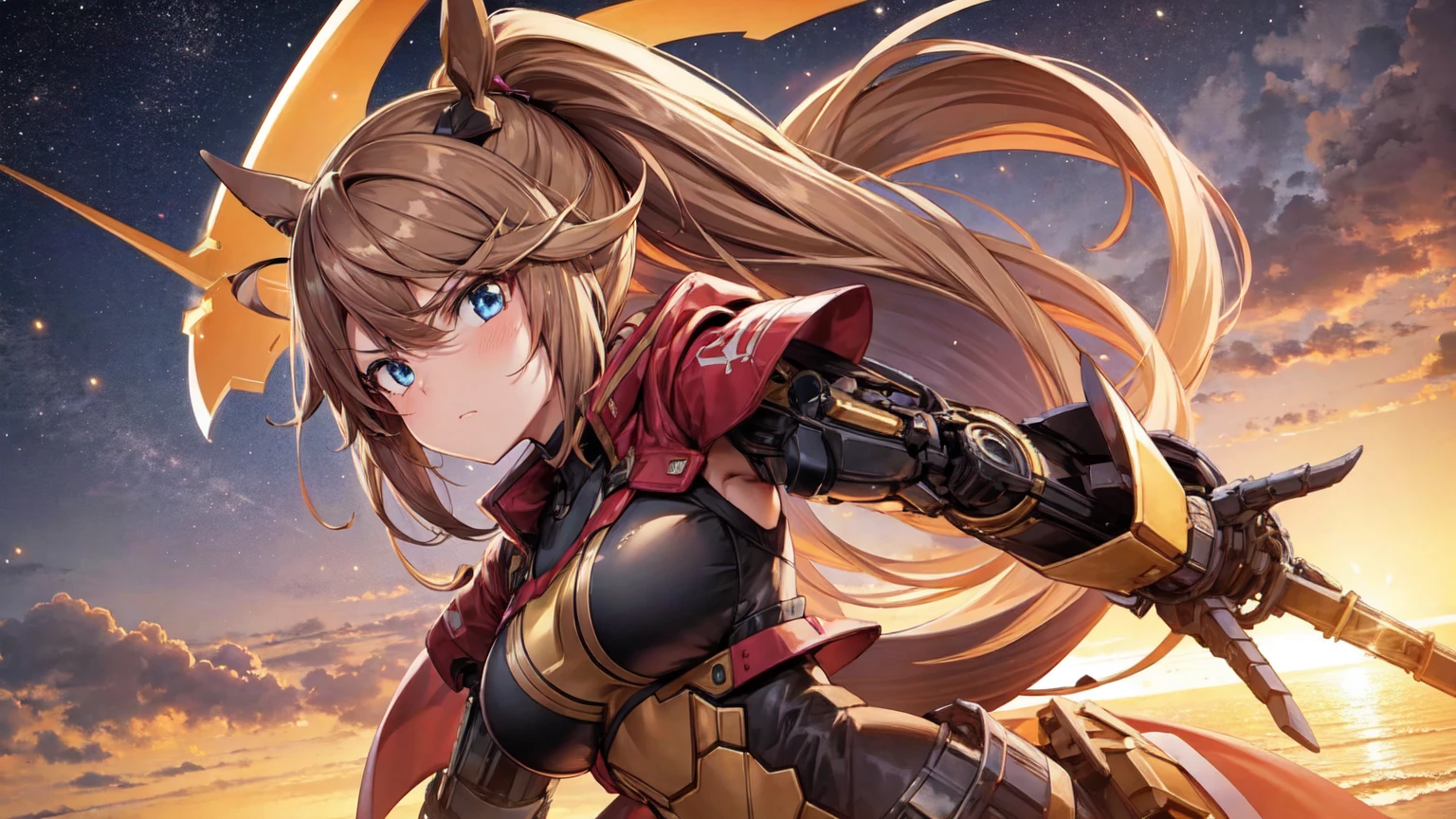 1girl, Tokai Teio, big breast, mecha musume, mechanical wing, serious face,