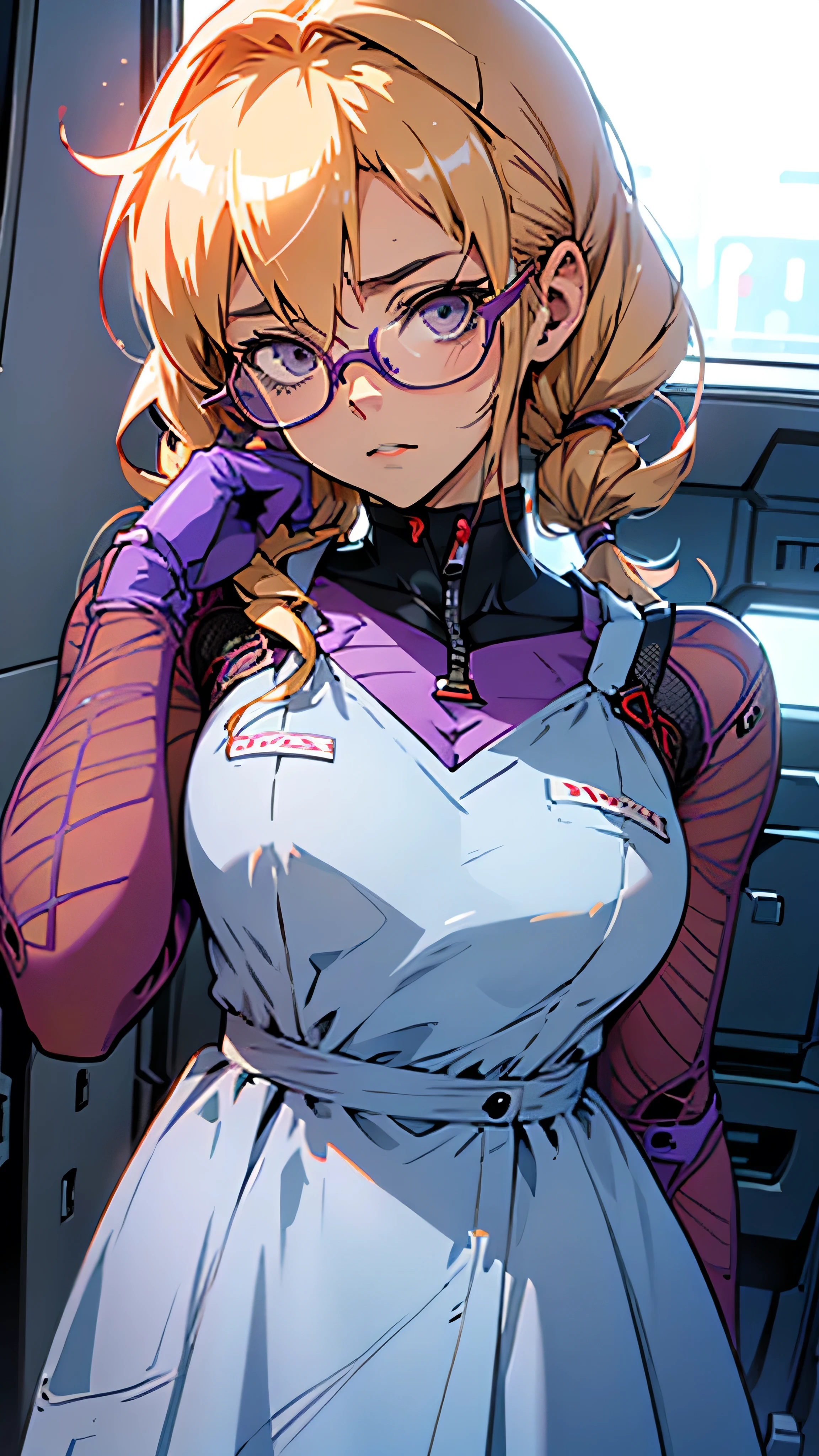 anime,An illustration,purple robot,Mobile Suit,Dom,Light blue check dress,Red glasses,Blonde,Light blue mesh hair,beautiful girl,Sora Sakurano,One person