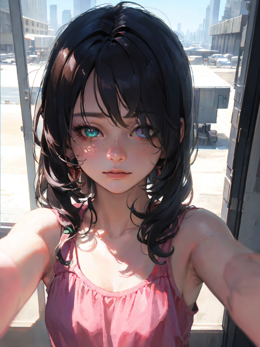 8K, best quality, masterpiece, Ultra-high resolution, (realism: 1.4), original photo, (Realistic skin texture: 1.3), (Film Grain: 1.3), (Selfie Angle), 1 girl, Pink clothes, (Hair covering one eye), (Heterochromia), Detailed clavicle, Perfect collarbone, Sapphire eyes and beautiful facial details, masterpiece, best quality, close up, Upper body highest quality picture quality pull-ups,Cyberpunk