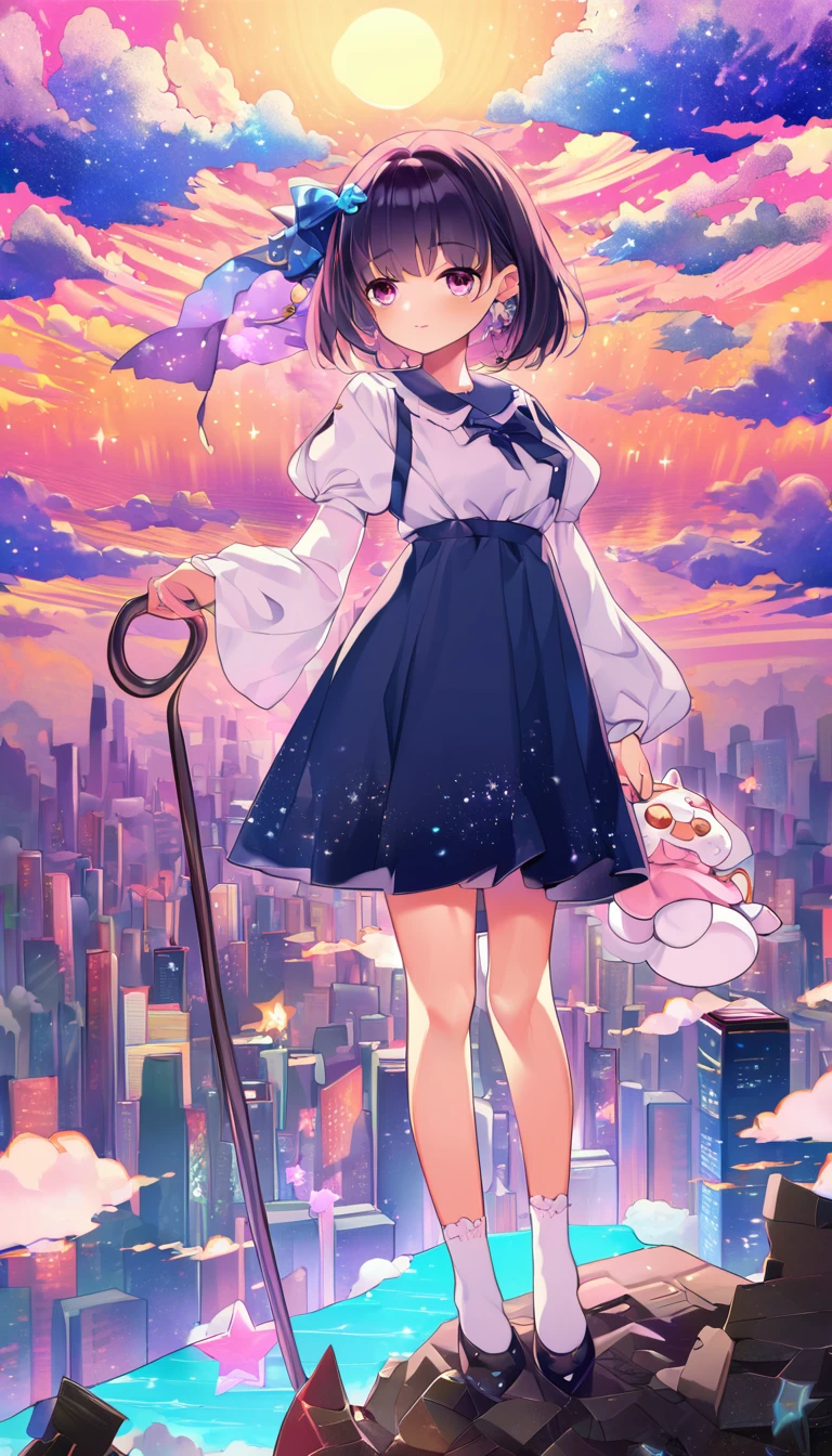 dream fantasy story, best quality, super fine, 16k, 2.5D, delicate and dynamic depiction, (chibi, cute  in dress holding cane standing on high ground), city in the sky above the clouds, clouds in vivid and pastel colors, city of modern buildings, beautiful blend with nature, river, bright starry sky, pink moon, sparkly and fluffy image effect, artwork with vibrant colorful colors, detailed decorated backgrounds