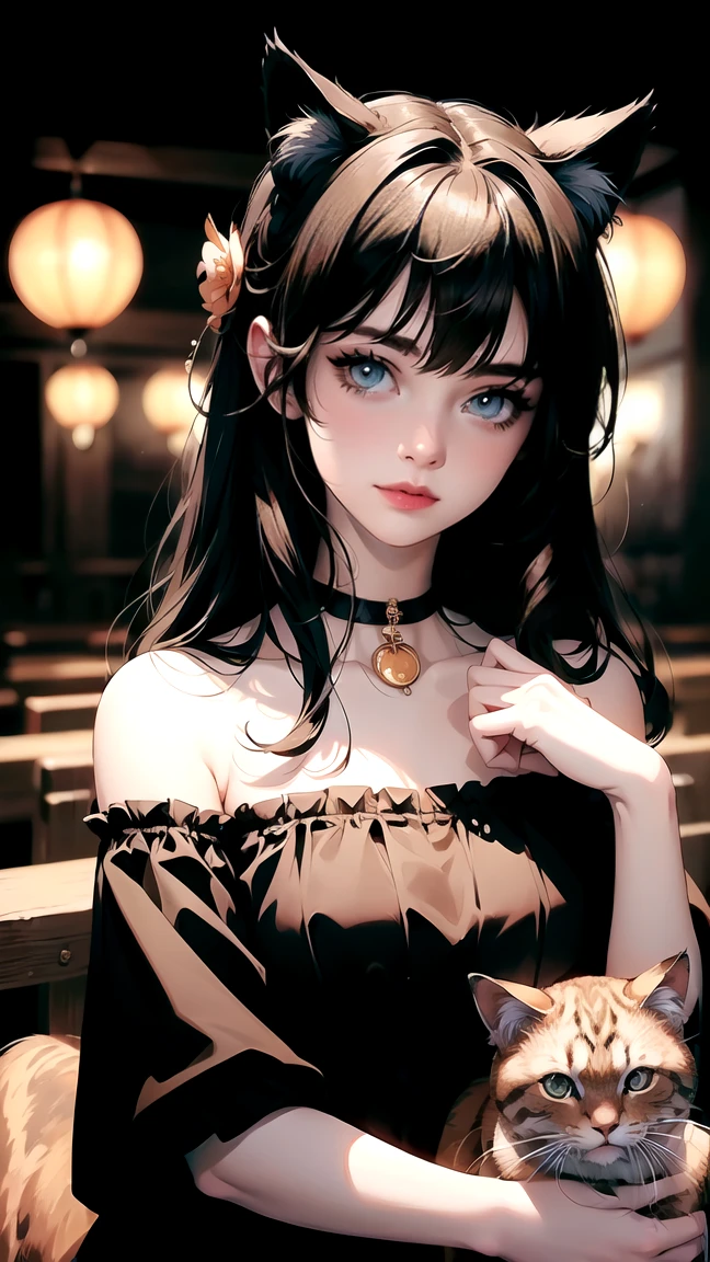 (Highest quality, Masterpiece, high resolution)、(anime art)、,Cinema-grade lighting system、soft light、girl、black hair、Striped cat outfit、cat ears、  hair accessories、choker、Charming smile、Medium bust、Slick post.、Jarachi Cat((peach blossom background))、Gothic style background,high definition,120,000,HD,