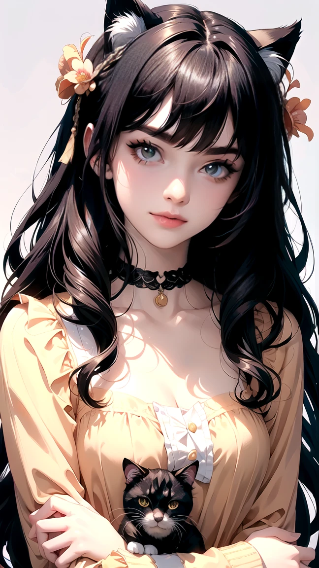 (Highest quality, Masterpiece, high resolution)、(anime art)、,Cinema-grade lighting system、soft light、girl、black hair、Striped cat outfit、cat ears、 hair accessories、choker、Charming smile、Medium bust、Slick post.、Jarachi Cat((peach blossom background))、Gothic style background,high definition,120,000,HD,