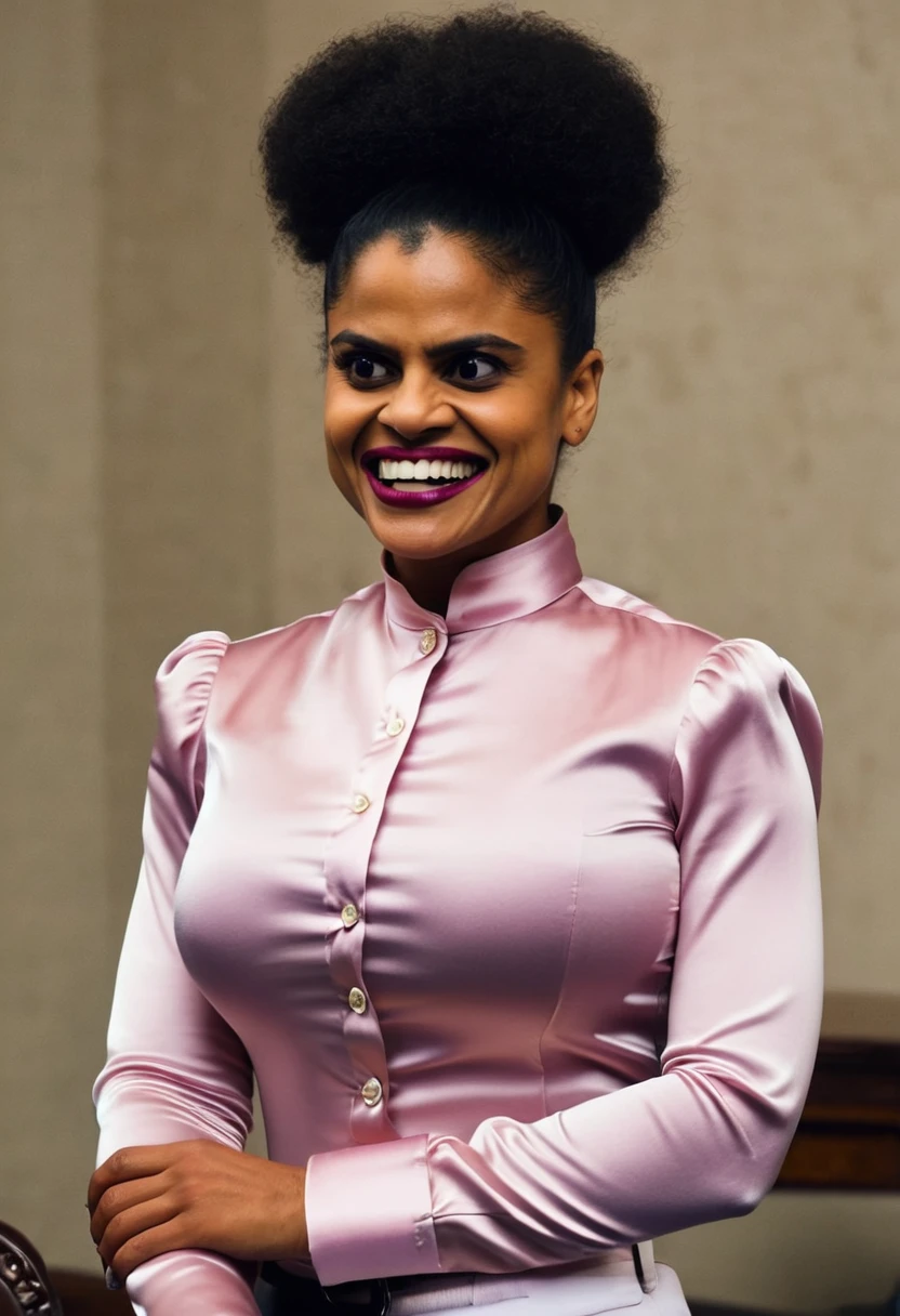 closeup shot, (muscular evil angry zazie beetz showing closed teeth with flared nostrils and furrowed brows:1.5) in a (closed satin skintight buttondown band collar blouse with large shoulder-pads and extremely tight belt:1.6), tight hairbun, silk gloves, (widened eyes), (muscular arms), subtle evil stare with flared nostrils, large shoulder-pads, (evil laugh), skintight satin pants defining her body, uptight, popped collar, stiff posture