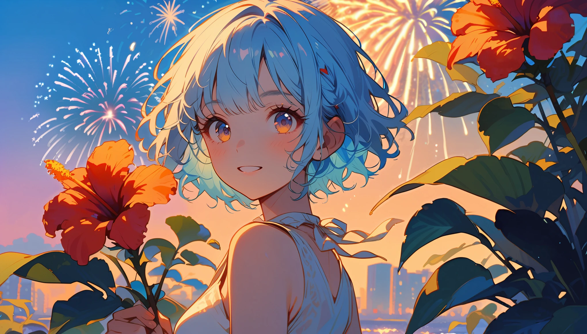 summer、1 female, Light blue hair,　short hair, Orange as an accent、Follow your dreams、hibiscus、firework、