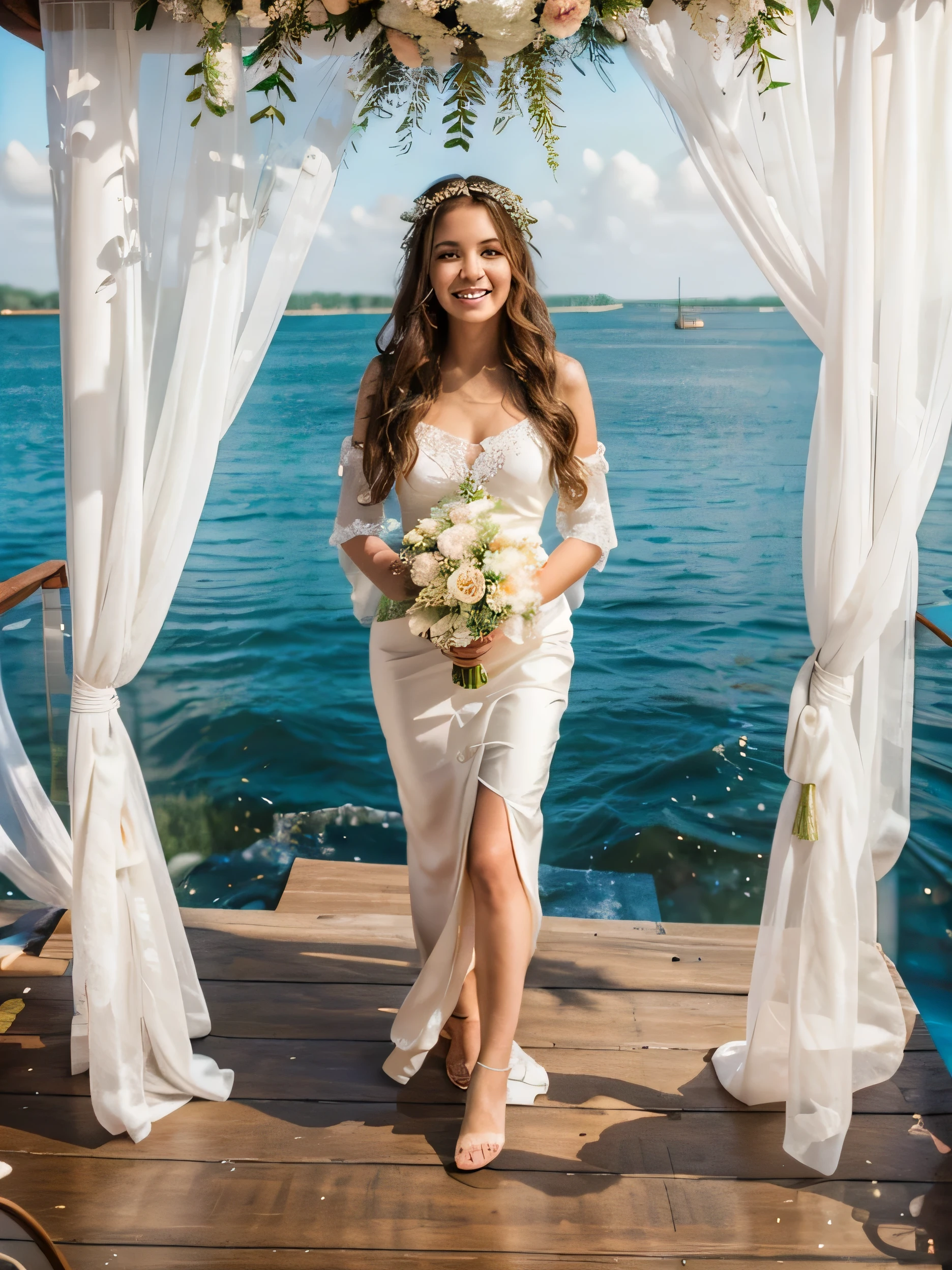 Girl in a wedding dress on a wooden deck. beige curtain, decorated with flowers. Bright river with a bank in the distance