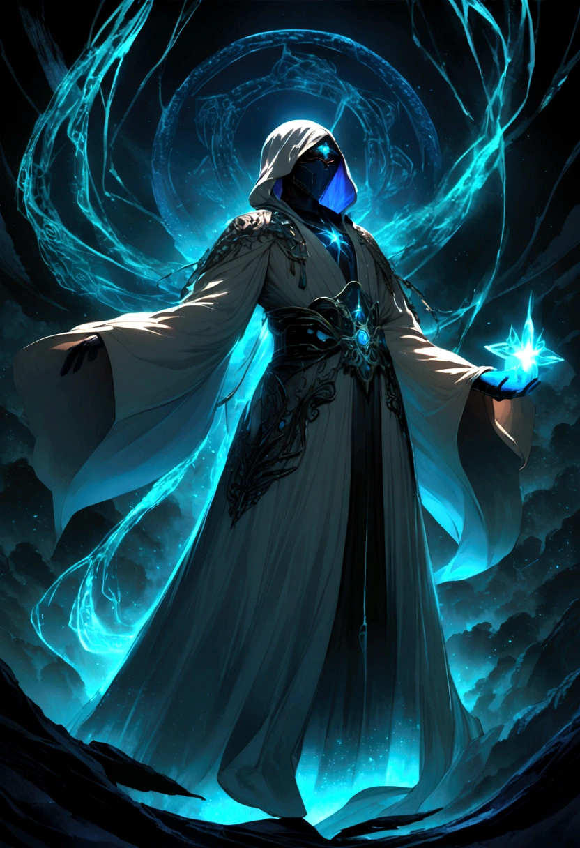 Mysterious ninja standing sideways holding a blue glowing star in his hand ( Correct and perfect anatomy ) Flowing robe, A man wearing a beige hooded robe with swirling starry magic energy(flying robe))Man mysterious ninja sideways, face partially obscured by turban or mask, holding a blue glowing star in hand with blue fire power on the side, background is a huge star shaped blue light magic circle,

              Mystic Fantasy Art Mystical Blue Light Runes Hovering Around  (cinematic), meticulously made, Magical power, A detailed and intricate masterpiece of magic circles, Lighting effects Highly detailed fantasy magic concept art Highly detailed HD cinematic magic fantasy Gorgeous digital art