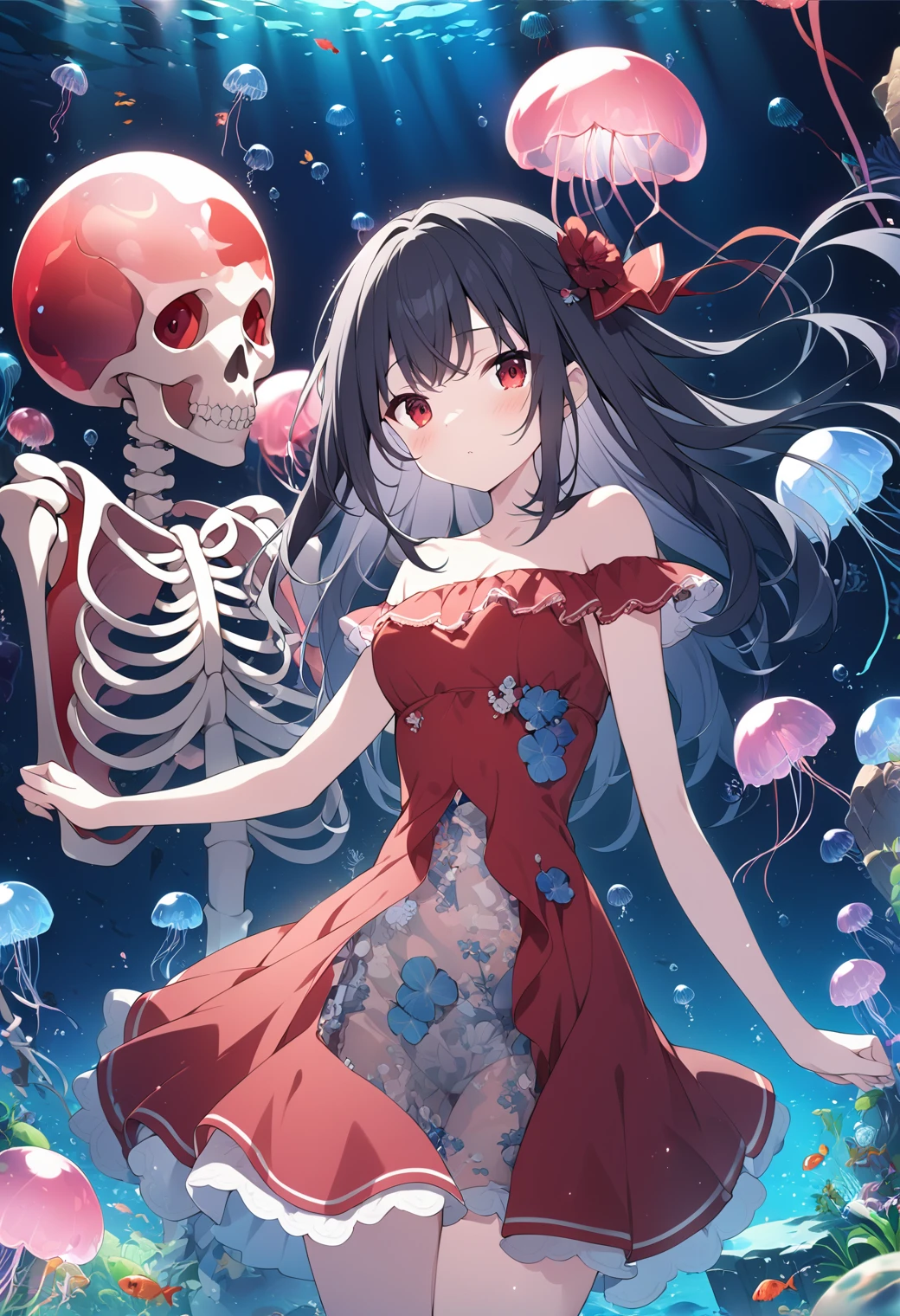 1girl、Black Hair、Red eyes、Skeleton Body、Red See-Through Dress、PVC material、Blue jellyfish、aquarium、deep faint light 、 detailed CG、high resolution