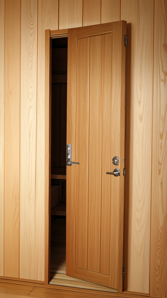 View of a slightly open wooden door and a beige wall