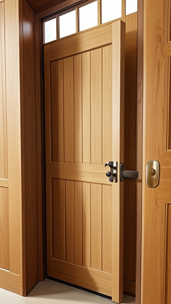 View of a slightly open wooden door and a beige wall