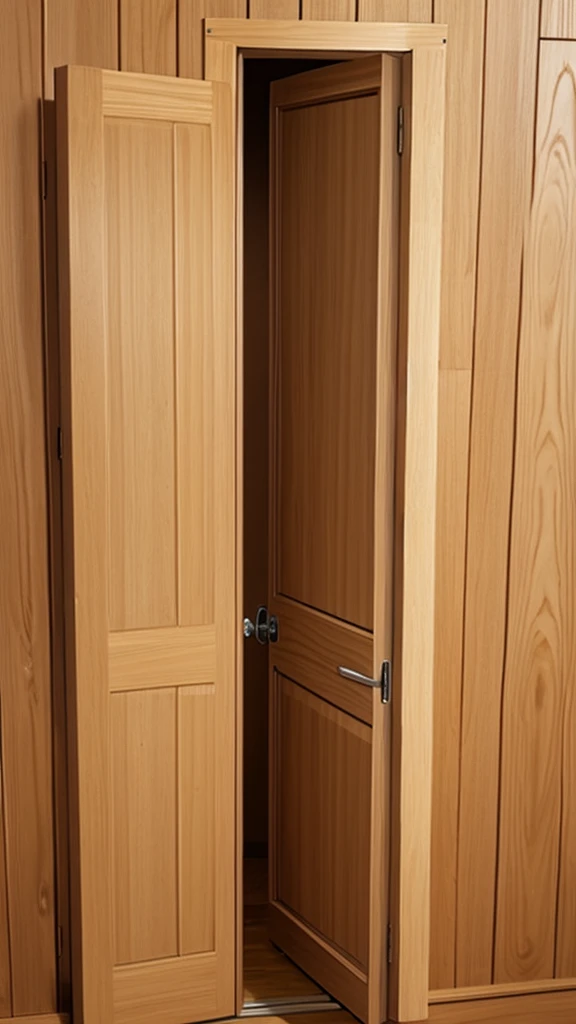 View of a slightly open wooden door and a beige wall
