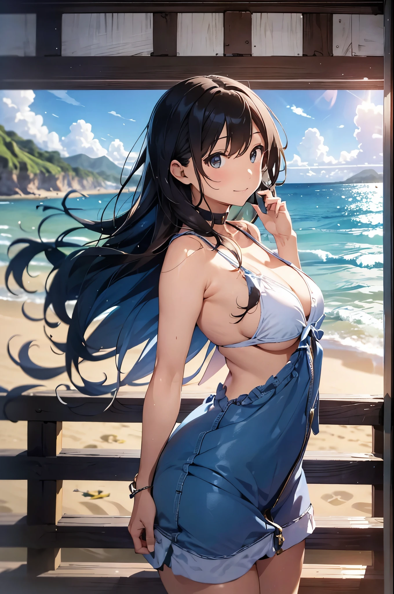 以下は2000文字of詳細なプロンプトです:：

--- Very detailed, Realistic, high-resolution 4K image of a beautiful woman standing topless by the seaside. of woman is the main focus of the image, with every detail of her appearance meticulously depicted to emphasize her natural beauty and the artistic nature of the scene. She has been a long time, Flowing, Wavy hair cascading down the back, catching the sunlight and shimmering with natural highlights. 彼女of肌は日焼けしている, Give her health, Shining and contrasting beautifully with bright light, 彼女of後ろには澄み切った青空. 

Her eyes are expressive and captivating, reflecting the joy and warmth of a perfect summer day. She's gentle, warm smile that exudes confidence and contentment, inviting viewers to share in the serene and blissful atmosphere of the seaside. Her facial features are soft and harmonious, 自然な優雅さが彼女of魅力をさらに引き立てる.

of woman is standing confidently topless, emphasizing her natural beauty and the freedom of the summer beach setting. 彼女of姿勢はリラックスしていながらも落ち着いています, embodying a sense of ease and grace. 彼女of肩は少し後ろに引かれている, and her arms hang naturally at her sides, 彼女of姿勢of自然な美しさをさらに引き立てている. of focus on her toplessness is tasteful and artistic, ensuring that the image remains elegant and sophisticated.

of background of the image features a stunning seaside landscape, With the clear blue sky stretching out endlessly, ふわふわof白い雲が点在. of gentle waves of the ocean lap at the shore, creating a soothing and rhythmic backdrop that complements the tranquility of the scene. of sandy beach extends into the distance, with the golden grains of sand sparkling in the sunlight.

In the distance, a few beachgoers can be seen enjoying the sun and sea, Energize a tranquil atmosphere. of overall atmosphere of the image is bright, warm, and summery, 喜びof気持ちを呼び起こす, relaxation, and . of 