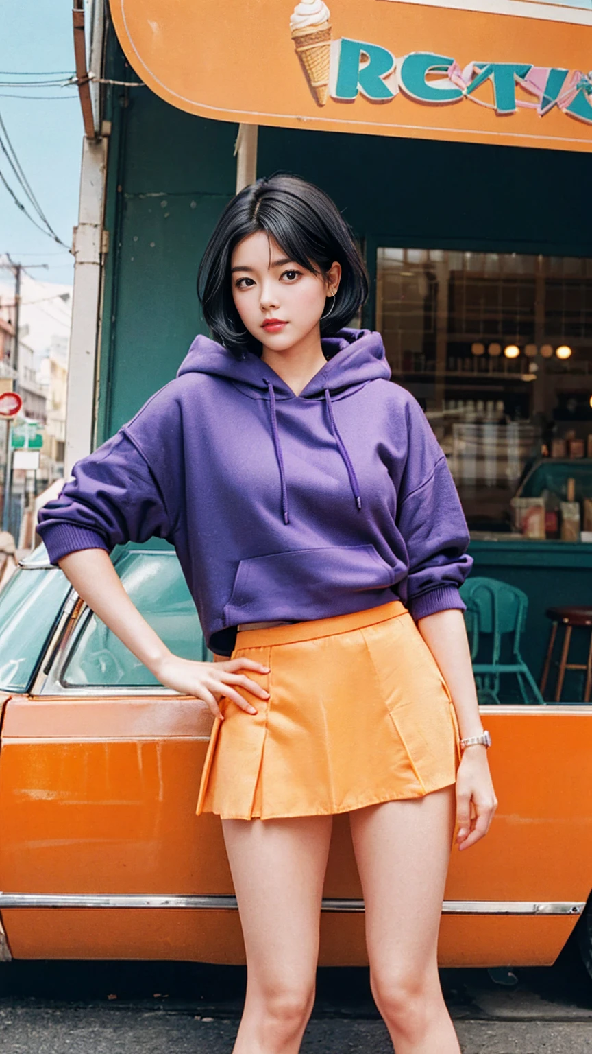 35mm Vintage photo of long shot portrait of cute 23 yo girl ,(perfect natural breast),wear ((orange color oversized hoodie)), wear ((purple tennis skirt)),looking viewer,Best Quality,Masterpiece,Ultra High Resolution,(Realisticity:1.4),Original Photo, 1Girl, light leak,ultra high resolution,UHD,beautiful, (black bob hair), almond eye, no makeup, in front of (((A retro ice cream shop ))), (realistic:1.2), (surreal:1.3), (very detailed:1.1), ((masterpiece)),film camera, 800mm lens,style of ,beautiful face, (realistic face), (black hair, short hair:1.3), analog film photo, Kodachrome