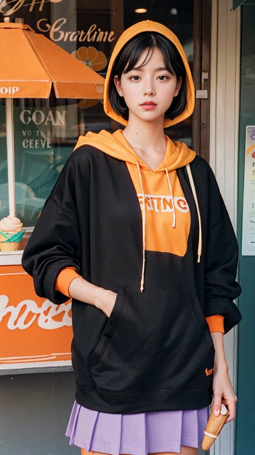 35mm Vintage photo of long shot portrait of cute 23 yo girl ,(perfect natural breast),wear ((orange color oversized hoodie)), wear ((purple tennis skirt)),looking viewer,Best Quality,Masterpiece,Ultra High Resolution,(Realisticity:1.4),Original Photo, 1Girl, light leak,ultra high resolution,UHD,beautiful, (black bob hair), almond eye, no makeup, in front of (((A retro ice cream shop ))), (realistic:1.2), (surreal:1.3), (very detailed:1.1), ((masterpiece)),film camera, 800mm lens,style of ,beautiful face, (realistic face), (black hair, short hair:1.3), analog film photo, Kodachrome