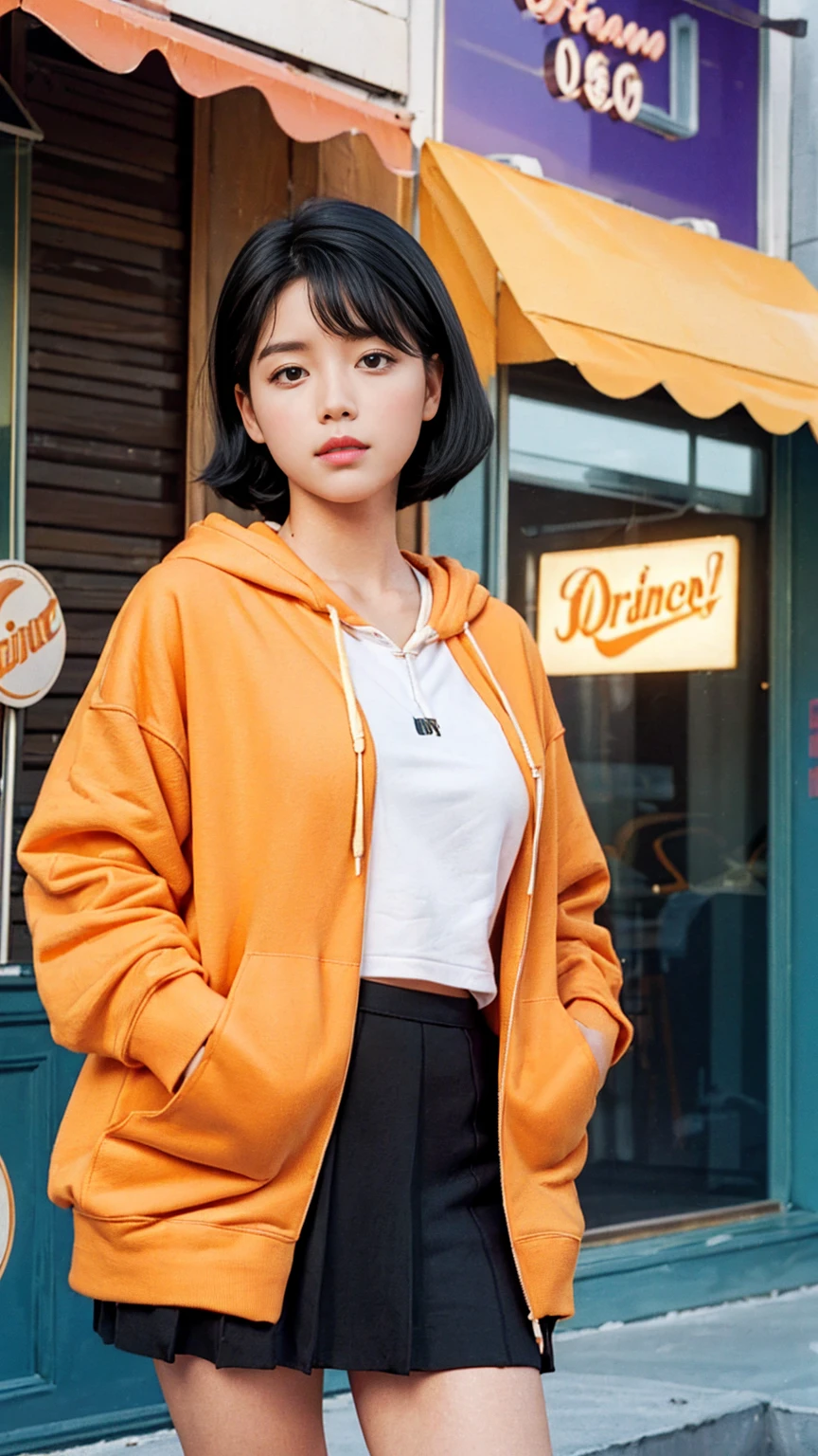 35mm Vintage photo of long shot portrait of cute 23 yo girl ,(perfect natural breast),wear ((orange color oversized hoodie)), wear ((purple tennis skirt)),looking viewer,Best Quality,Masterpiece,Ultra High Resolution,(Realisticity:1.4),Original Photo, 1Girl, light leak,ultra high resolution,UHD,beautiful, (black bob hair), almond eye, no makeup, in front of (((A retro ice cream shop ))), (realistic:1.2), (surreal:1.3), (very detailed:1.1), ((masterpiece)),film camera, 800mm lens,style of ,beautiful face, (realistic face), (black hair, short hair:1.3), analog film photo, Kodachrome