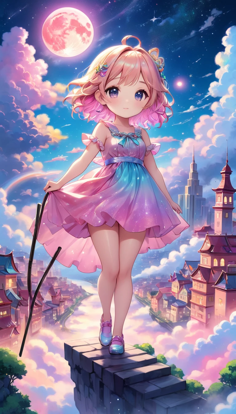dream fantasy story, best quality, super fine, 16k, 2.5D, delicate and dynamic depiction, (chibi, cute  in dress holding cane standing on high ground), city in the sky above the clouds, clouds in vivid and pastel colors, city of modern buildings, beautiful blend with nature, river, bright starry sky, pink moon, sparkly and fluffy image effect, artwork with vibrant colorful colors, detailed decorated backgrounds
