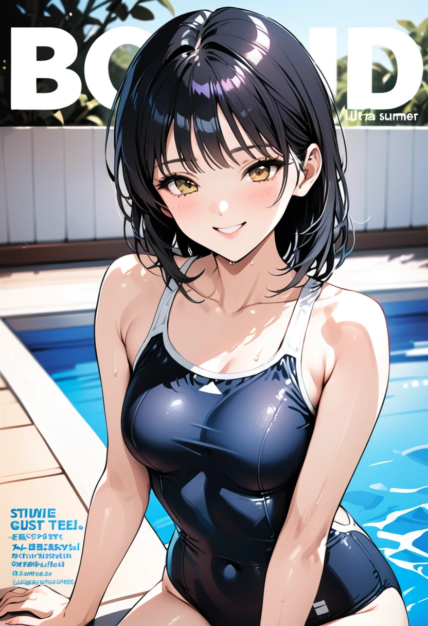 masterpiece, Highest quality, high resolution、beautiful、Ultra fine、Midday、sharp、Korean Idol、Black Hair、Smile、High-cut school swimsuit, Colorful Hair, Poolside in midsummer, Magazine Cover ,Upper Body,
