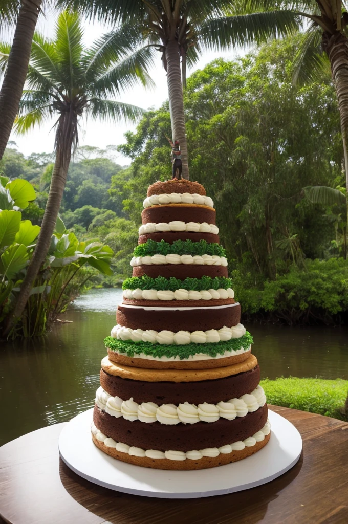 Three-tier cake with different sizes Amazonian culture with tree,  rivers