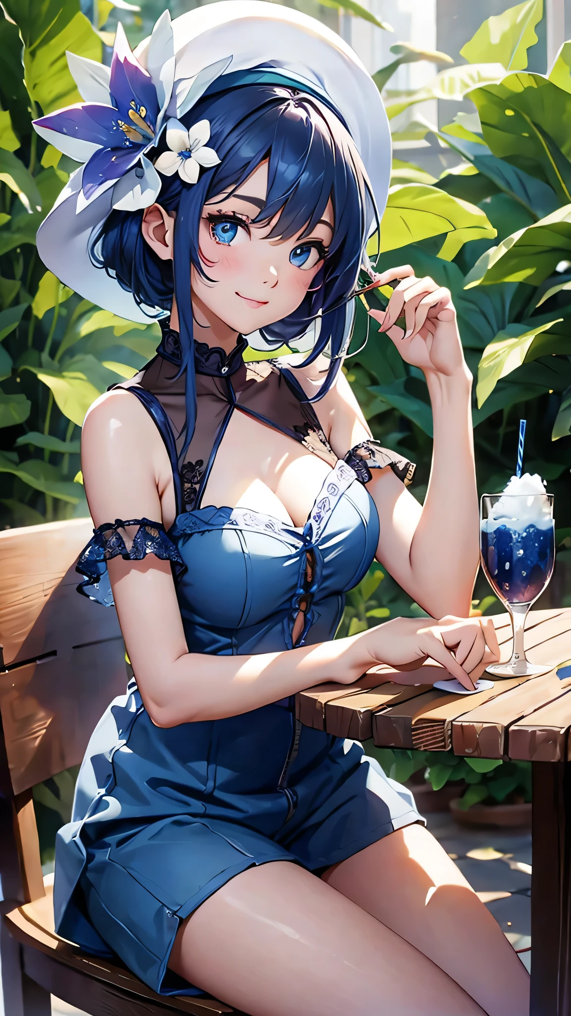 最high quality、Best image quality、masterpiece、With a girl((cute、、Best Bust、Medium Bust、Bust 85,Beautiful Blue Eyes、Spread your chest wide,Black Hair、Slender、The best valley、、Blue sleeveless shirt、White shorts,Show the whole body、Blue Mesh,Leaning forward greatly、Blue hat、Blue flower hair ornament,Face Paint,smile))high quality、Beautiful art、background((summertime、White table、White chair、shaved ice、)),Tabletop、Exquisite design、Visual Arts、Depth of written boundary、Best lighting、Highest detail、8k