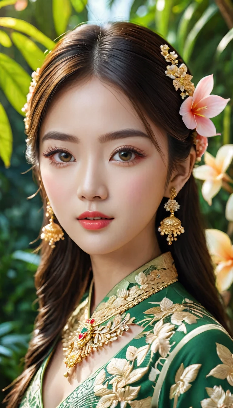 beautiful detailed eyes, beautiful detailed lips, extremely detailed eyes and face, long eyelashes, 1 girl, asian woman, wearing traditional kebaya dress, graceful pose, serene expression, ornate floral pattern, elegant accessories, golden jewelry, lush tropical foliage background, soft lighting, cinematic composition, photorealistic, (best quality,4k,8k,highres,masterpiece:1.2),ultra-detailed,(realistic,photorealistic,photo-realistic:1.37)