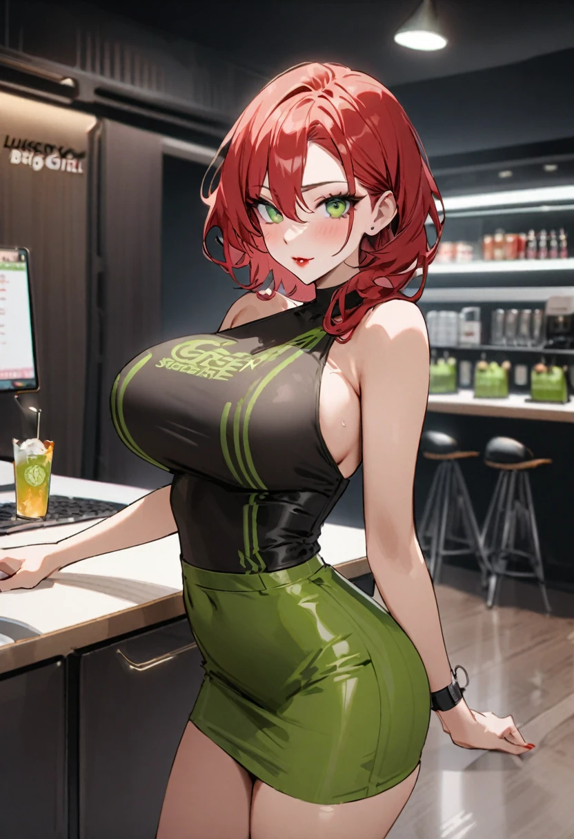 big chest slim fitness office, woman, dark make up, red lips, long red hair, coke press, boobsy sexual, green lace tight brasserie, green eyes, greeb mini skirt, эстетично, красиво, профессиональное фото, 30mm lens, приглушенное освещение, 12k, реалистично, высокое разрешение, высокая четкость, luxurygirl