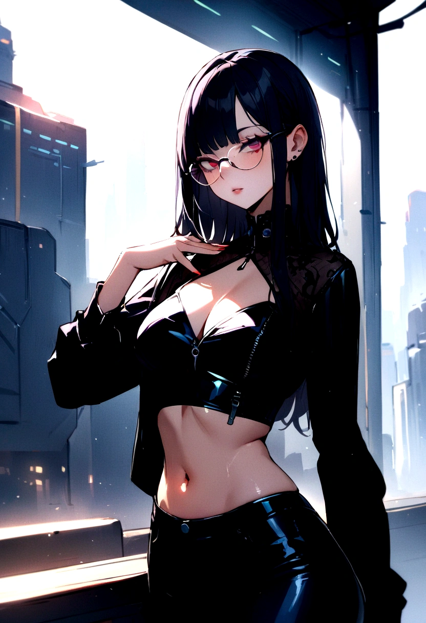 (masterpiece, best quality), 1 Girl, Black Hair, Glasses, Cyberpunk, Solitary, Waist-high, Sexy appearance