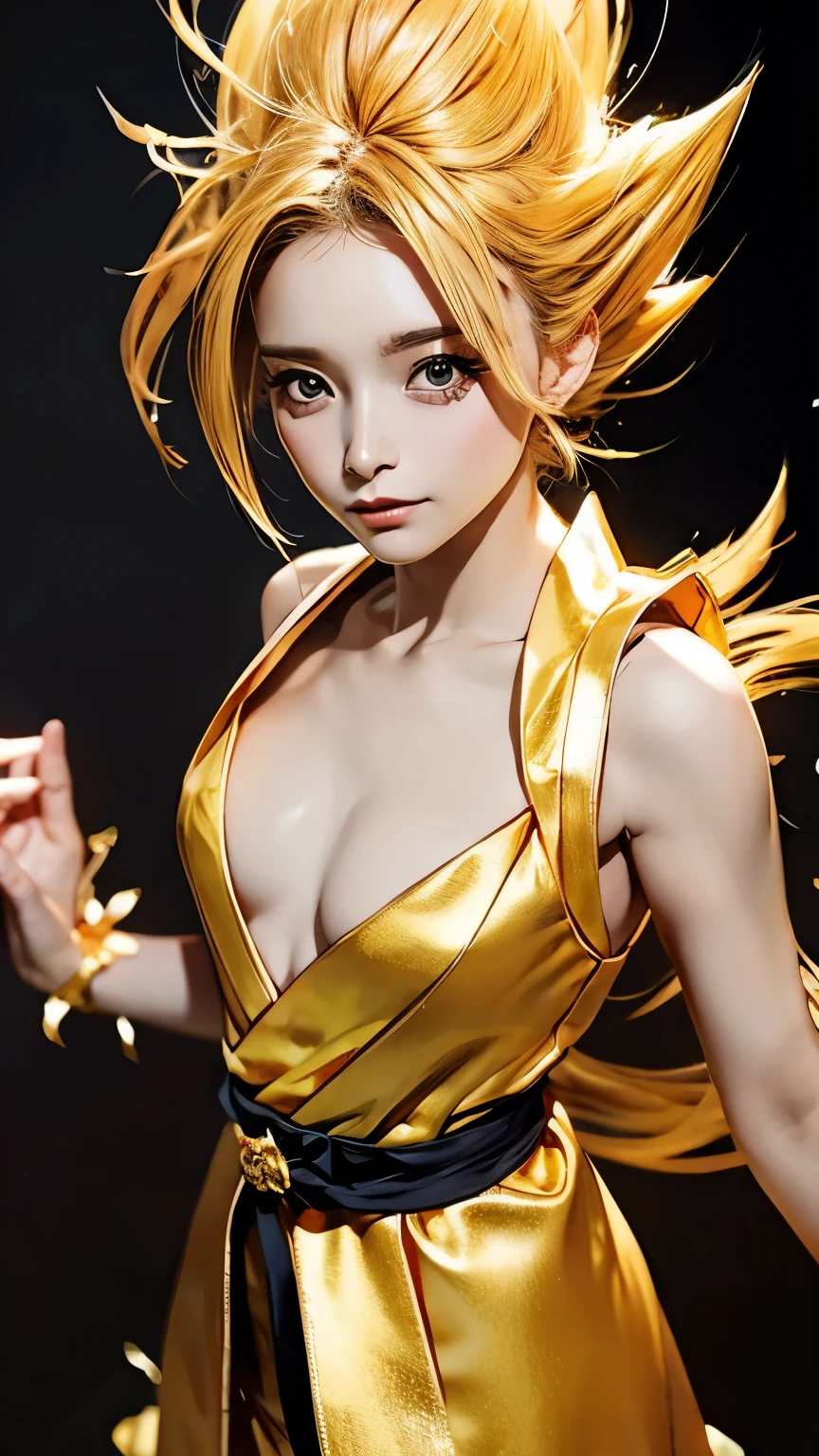 Super Saiyan Girl、masterpiece、high quality、High resolution、Realistic、Japanese、woman、cute、babyface、highly detailed beautiful face and eyes、young、White skin、Blonde、Spiky Hair、athletic、(((There is a golden aura)))、Son Goku's costume、torn clothes、filthy、covering chest by hand、whole body、Anatomically correct、The number of fingers is correct、wasteland
