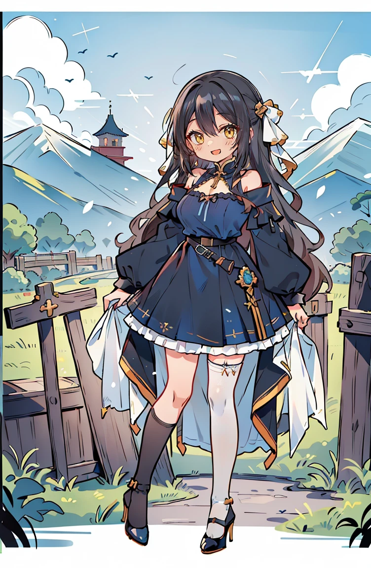 (masterpiece:1.2), (high quality:1.2), hui xiyi, rekkyo sensen, rekkyou sensen, (full body, chibi girls:1.45), solo focus, girls with((black hair, tits cleavage, exposed breasts, breasts close up, dress, (blue clothes:1.3), ribbon belt, off-shoulder sleeves, long sleeves, furry jacket, frills shirt, frills camisole, straps, (rosary choker, golden rosary, cross:1.05), (high heels, black shoes, exposed legs, left legwear, white legwear:1.67), (long wavy hair, one side up:1.4))), background with ((architecture, blue sky, building, bush, castle, village, no humans, cloud, cloudy sky, day, fence, field, garden, grass, hill, house, lamppost, landscape, mountain, mountainous horizon, nature, no humans, outdoors, scenery, shrine, sky, tower)), cowboy shot, anime, anime style