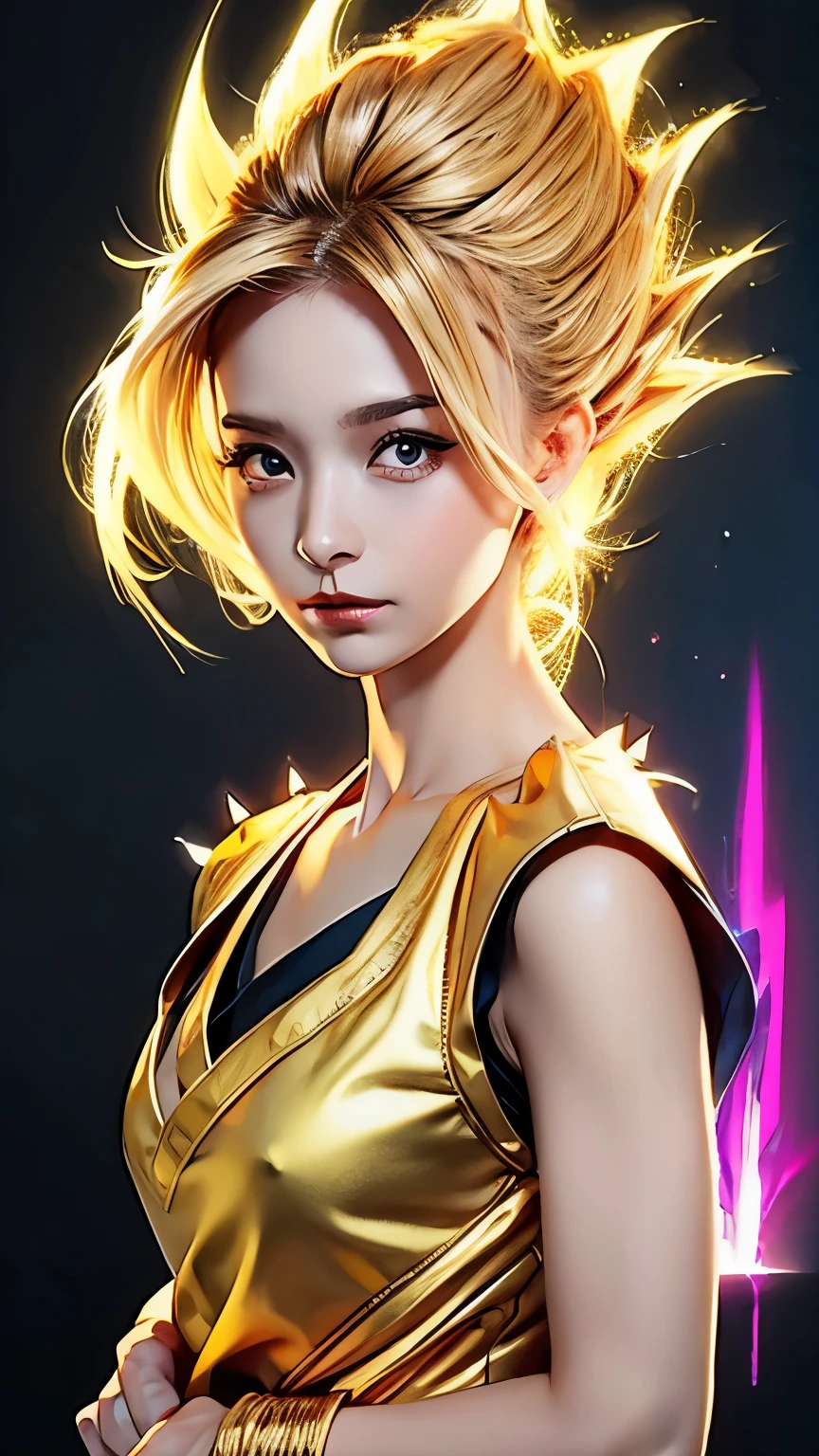 Super Saiyan Girl、masterpiece、high quality、High resolution、Realistic、Japanese、woman、cute、babyface、highly detailed beautiful face and eyes、young、White skin、Blonde、Spiky Hair、athletic、(((There is a golden aura)))、Son Goku's costume、torn clothes、filthy、(((covering chest by hand)))、whole body、Anatomically correct、The number of fingers is correct、wasteland