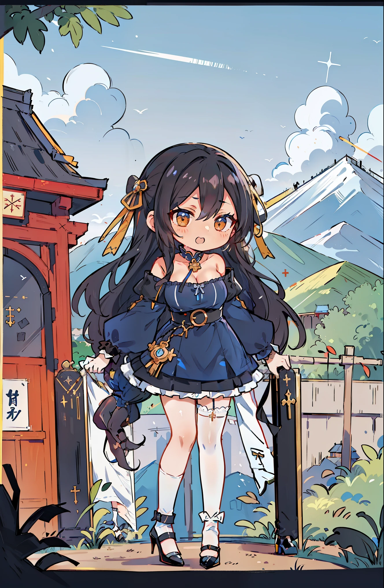 (masterpiece:1.2), (high quality:1.2), (hui xiyi:0.75), rekkyo sensen, rekkyou sensen, (full body, chibi girls:1.45), solo focus, girls with((black hair, tits cleavage, exposed breasts, breasts close up, dress, (blue clothes:1.3), ribbon belt, off-shoulder sleeves, long sleeves, furry jacket, frills shirt, frills camisole, straps, (rosary choker, golden rosary, cross:1.05), (high heels, black shoes, exposed legs, left legwear, white legwear:1.67), (long wavy hair, one side up:1.4))), background with ((architecture, blue sky, building, bush, castle, village, no humans, cloud, cloudy sky, day, fence, field, garden, grass, hill, house, lamppost, landscape, mountain, mountainous horizon, nature, no humans, outdoors, scenery, shrine, sky, tower)), cowboy shot, anime, anime style