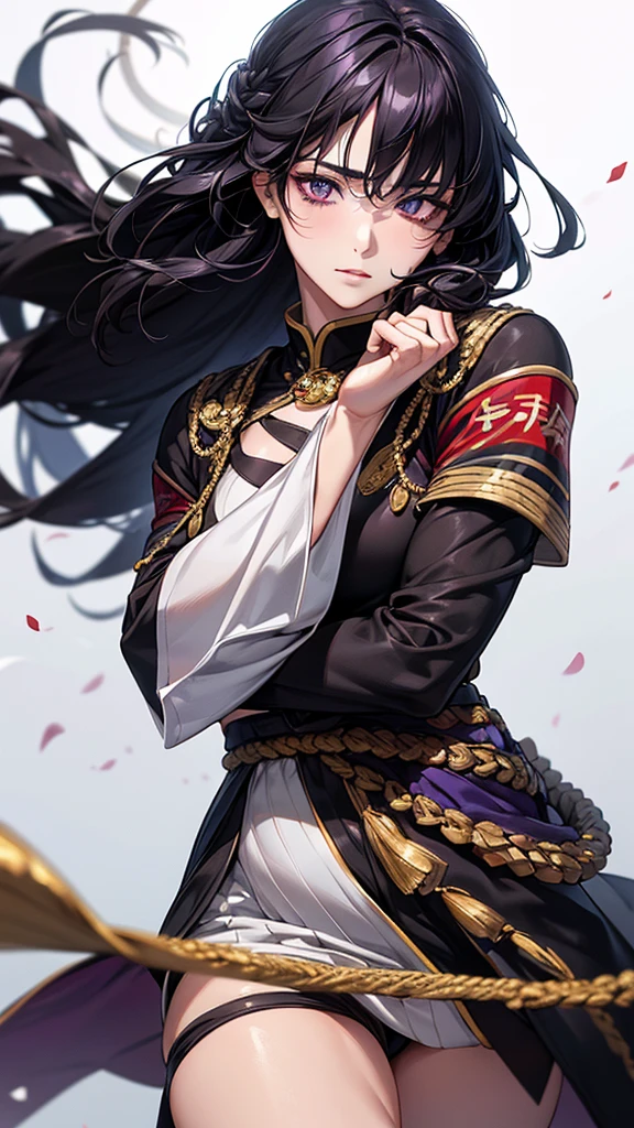 Highest quality, Ultra-high resolution, (Realistic: 1.4), Beautiful eyes, Super beautiful, Beautiful beauty, One person、Spearman,Warrior、 Japanese style purple and black tones、Controlling the Wind、whole body、(Black Hair、Medium Hair、Updo Hair),Beautiful soldier, Eyes that beckon, Droopy eyeistress's point of view, Attractive look, Fearless smile, (Perfect Anatomy, Anatomically correct, Highly detailed skin), Dancing, snow