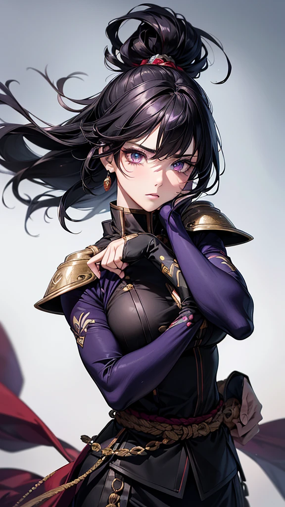 Highest quality, Ultra-high resolution, (Realistic: 1.4), Beautiful eyes, Super beautiful, Beautiful beauty, One person、Spearman,Warrior、 Japanese style purple and black tones、Controlling the Wind、whole body、(Black Hair、Medium Hair、Updo Hair),Beautiful soldier, Eyes that beckon, Droopy eyeistress&#39;s point of view, Attractive look, Fearless smile,  (Perfect Anatomy, Anatomically correct, Highly detailed skin), Dancing, snow