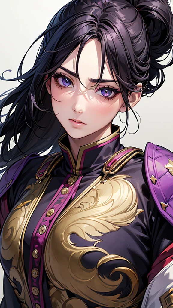 Highest quality, Ultra-high resolution, (Realistic: 1.4), Beautiful eyes, Super beautiful, Beautiful beauty, One person、Spearman,Warrior、 Japanese style purple and black tones、Controlling the Wind、whole body、(Black Hair、Medium Hair、Updo Hair),Beautiful soldier, Eyes that beckon, Droopy eyeistress's point of view, Attractive look, Fearless smile, (Perfect Anatomy, Anatomically correct, Highly detailed skin), Dancing, snow