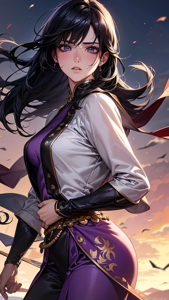 Highest quality, Ultra-high resolution, (Realistic: 1.4), Beautiful eyes, Super beautiful, Beautiful beauty, One person、Spearman,Warrior、 Japanese style purple and black tones、Controlling the Wind、whole body、(Black Hair、Medium Hair、Updo Hair),Beautiful soldier, Eyes that beckon, Droopy eyeistress&#39;s point of view, Attractive look, Fearless smile,  (Perfect Anatomy, Anatomically correct, Highly detailed skin), Dancing, snow