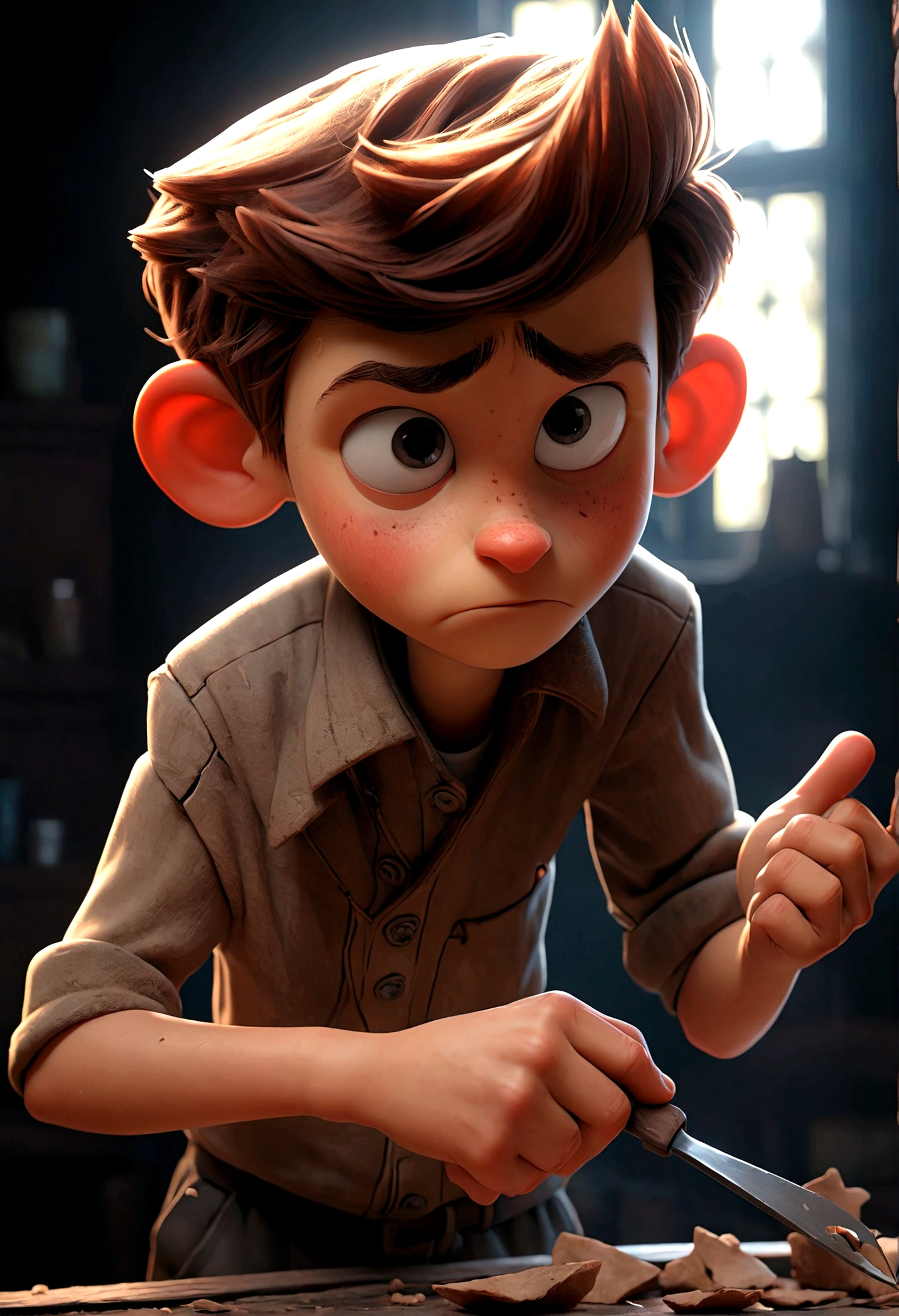 (((Best quality))), high detail, depth of field, Focus: 1.2, Dark room with broken windows, a man takes a splinter out of a boy's hand