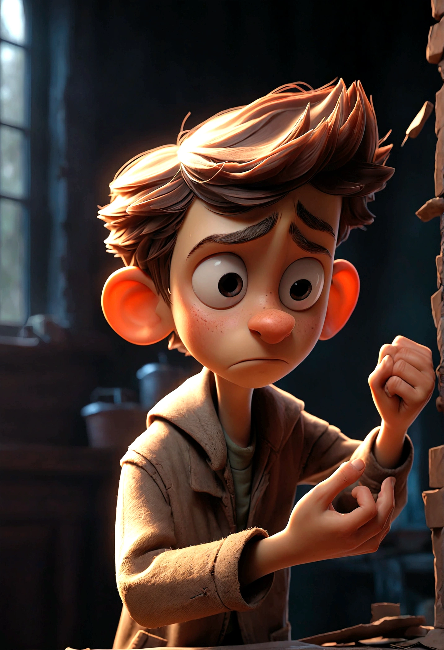 (((Best quality))), high detail, depth of field, Focus: 1.2, Dark room with broken windows, a man takes a splinter out of a boy's hand