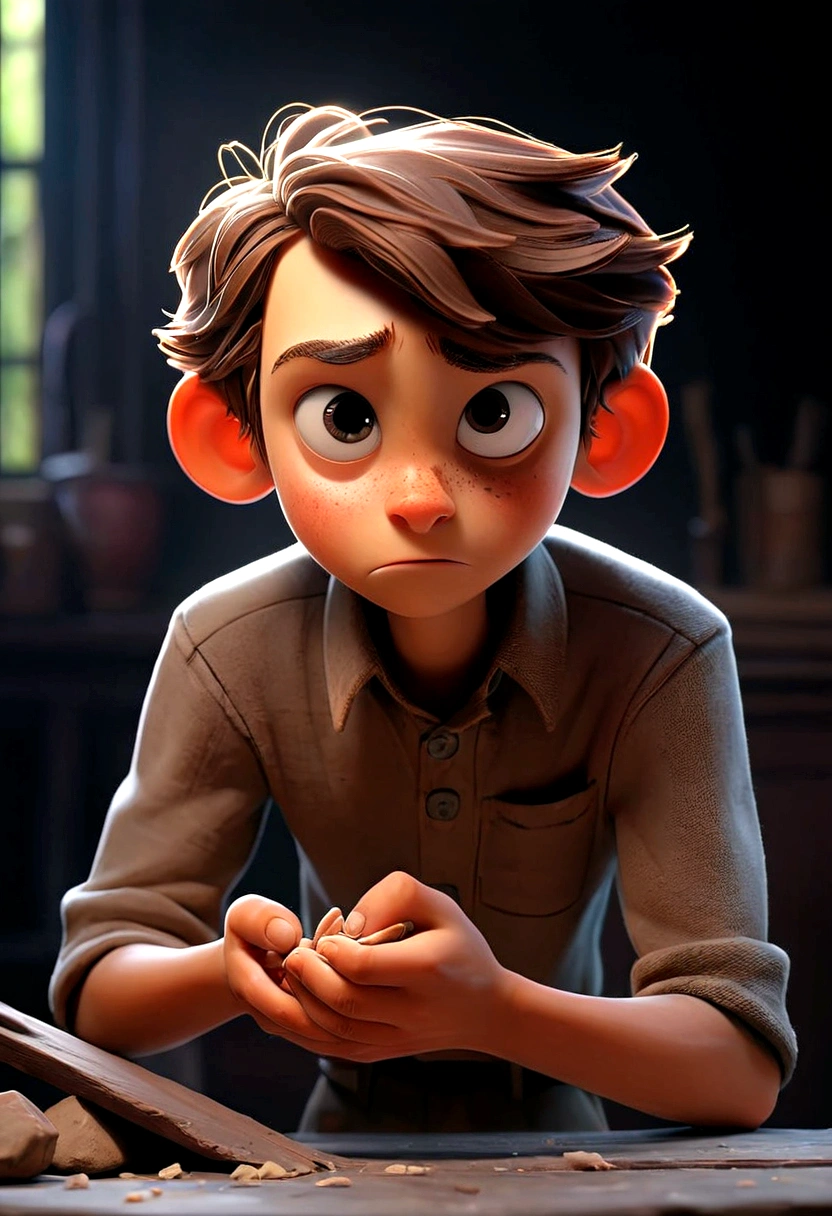 (((Best quality))), high detail, depth of field, Focus: 1.2, Dark room with broken windows, a man takes a splinter out of a boy's hand