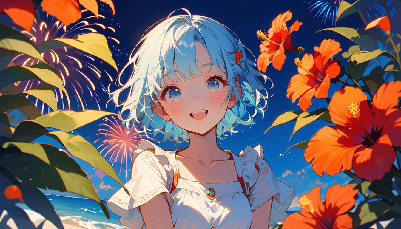 summer、1 female, Light blue hair, short hair, Orange as an accent、Follow your dreams、hibiscus、firework、