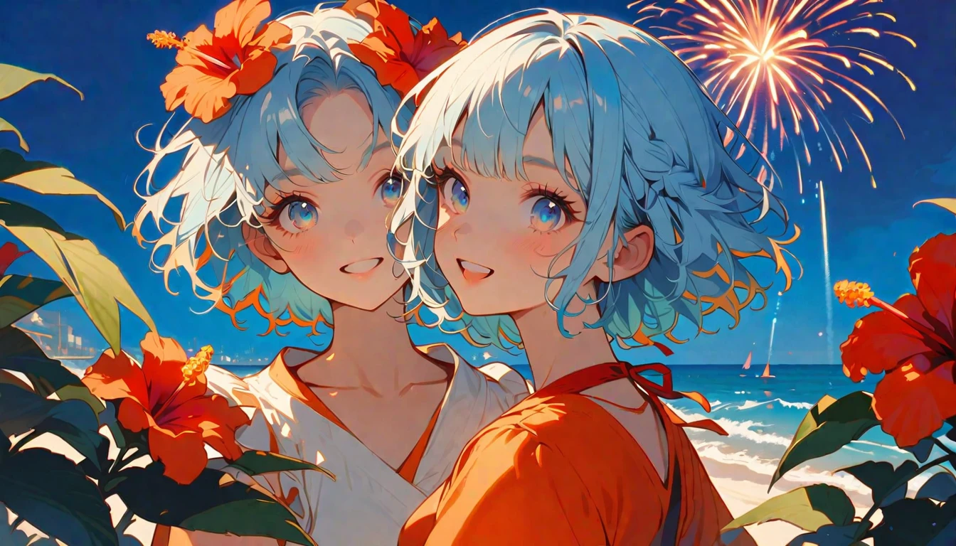 summer、1 female, Light blue hair, short hair, Orange as an accent、Follow your dreams、hibiscus、firework、