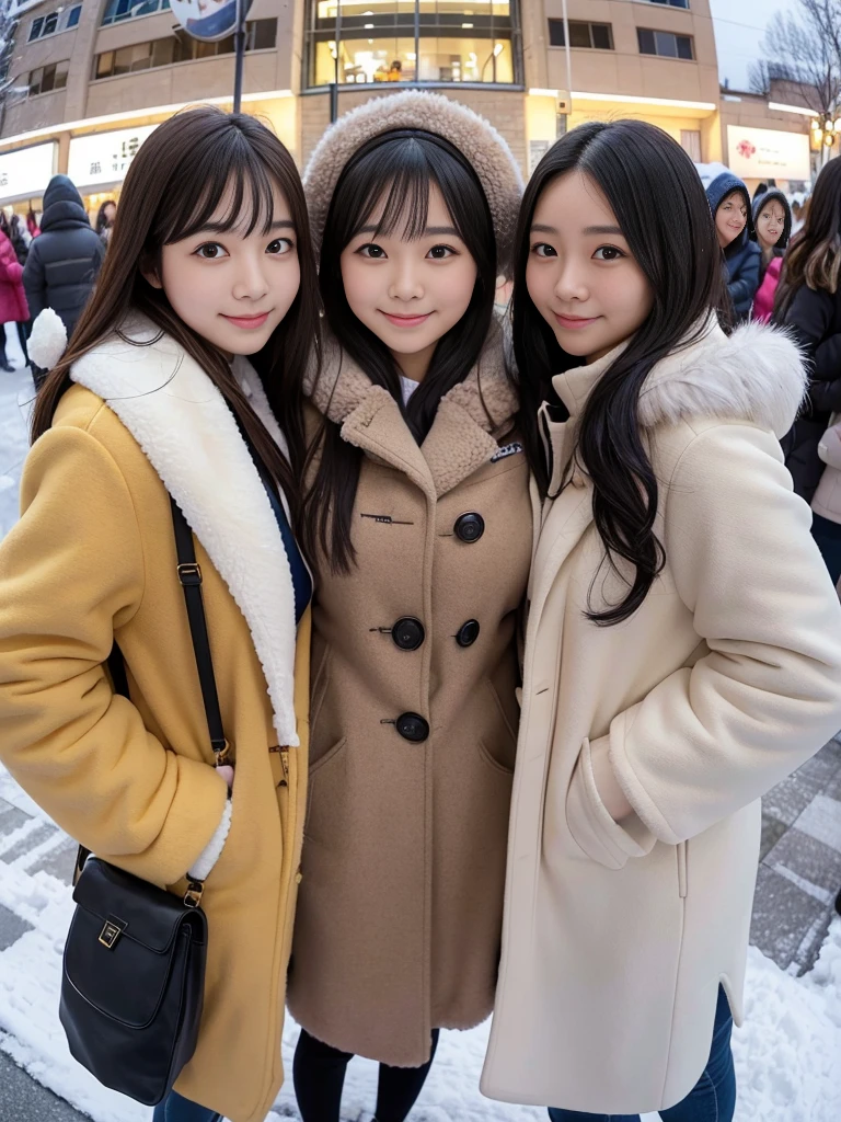 Group photo of female college students、knit、fluffyの毛皮。fluffy。Three beautiful Japanese girls 、Outside in the middle of winter、Winter coat、Heavy coat、Fur Cape、Fur Cuffs、Selfie pose、Smiling and looking at the audience、Close-up of face、((Fisheye Lens))