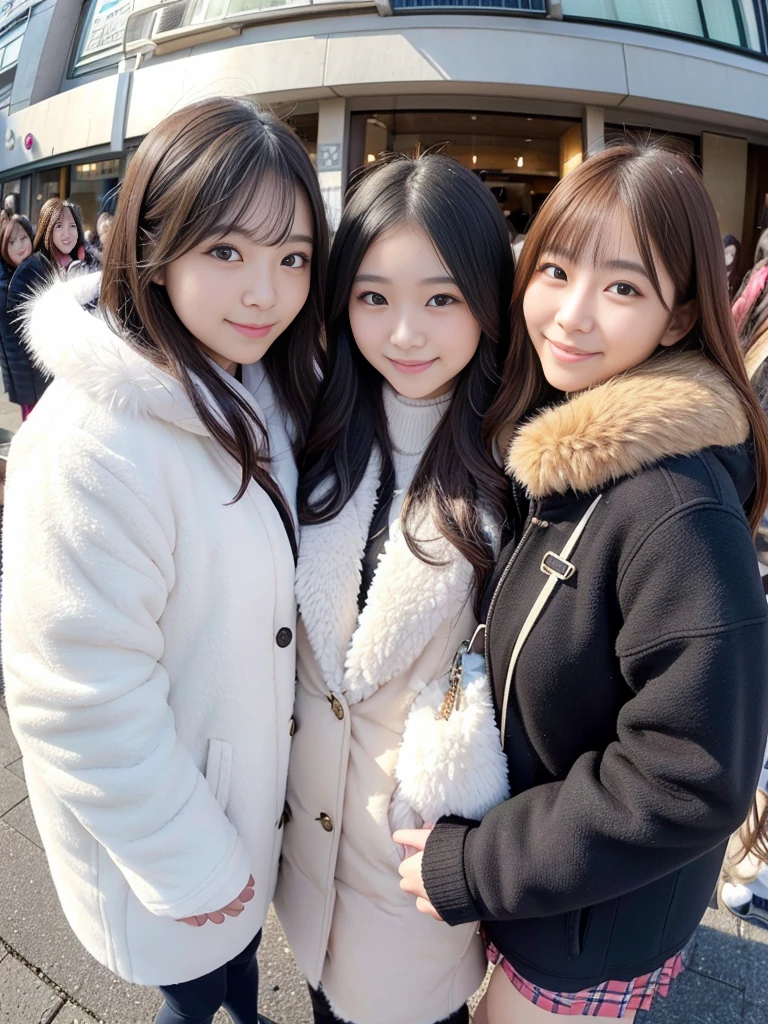 Group photo of female college students、knit、fluffyの毛皮。fluffy。Three beautiful Japanese girls 、Outside in the middle of winter、Winter coat、Heavy coat、Fur Cape、Fur Cuffs、Selfie pose、Smiling and looking at the audience、Close-up of face、((Fisheye Lens))