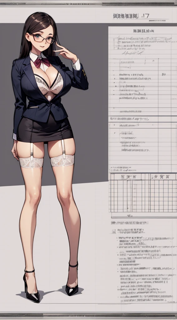 girl, alone, whole body, From head to toe, Are standing, (Huge Saggy Tits:1.3),

Character design sheet, Character Reference Sheet, 設計図のSchematic, Drafting, Blueprint, Schematic,
((Character design sheet:1.7, Character Reference Sheet:1.7,)),

anime/cartoon character wearing a girls , 1girl, alone, ,Mature Woman,Cleavage,Long sleeve,Collared shirt,White shirt,,(Tight Skirt),((garter belt)),(High heels),Skirt Suit,mini skirt,office lady,Long Hair, bow, ,  (Very short skirt:1.4), (lingerie:1.5),secretary,Thin glasses, In underwear:1.5,nsfw