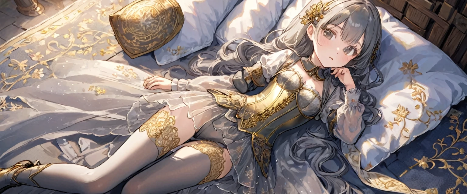 8 year old medieval girl, 1people々、In underwear、Gold and silver thread embroidery、Translucent underwear that reaches below the knee(Bloomers)wear、wear a semi-transparent corset、Translucent slip, Grey translucent tights、sleep