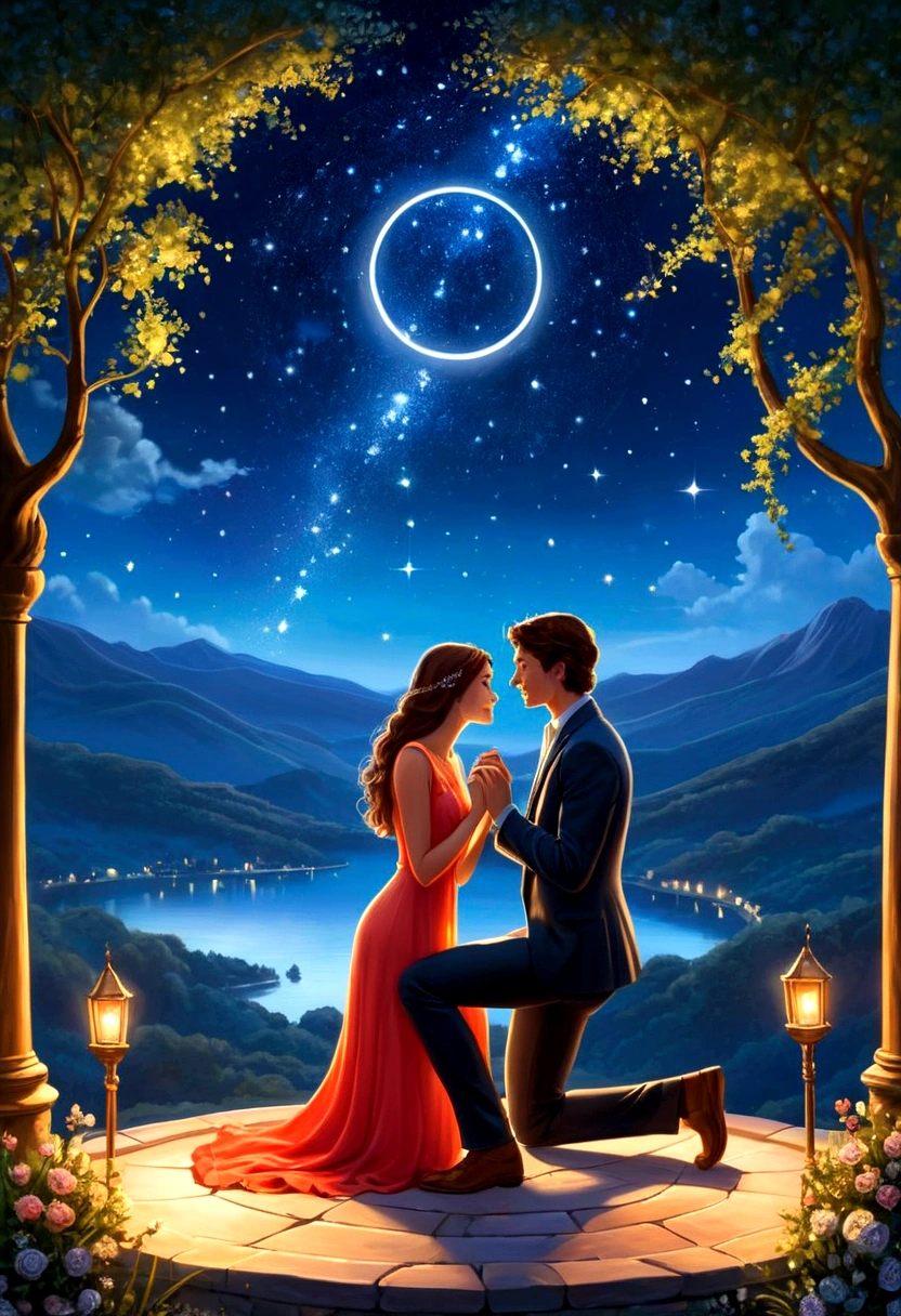 A romantic scene depicting a couple in love, with a man proposing to a woman on one knee, holding a ring, under a starlit night sky, symbolizing eternal love and commitment.  Лучшее качество