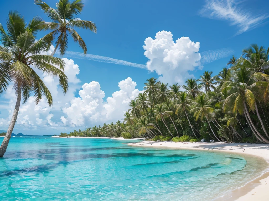 a tropical island with lush green palm trees, crystal clear turquoise waters, white sandy beaches, blue sky with fluffy clouds, (best quality,4k,8k,highres,masterpiece:1.2),ultra-detailed,(realistic,photorealistic,photo-realistic:1.37),landscape,serene,vibrant colors,natural lighting,environmental,scenic,idyllic,paradise