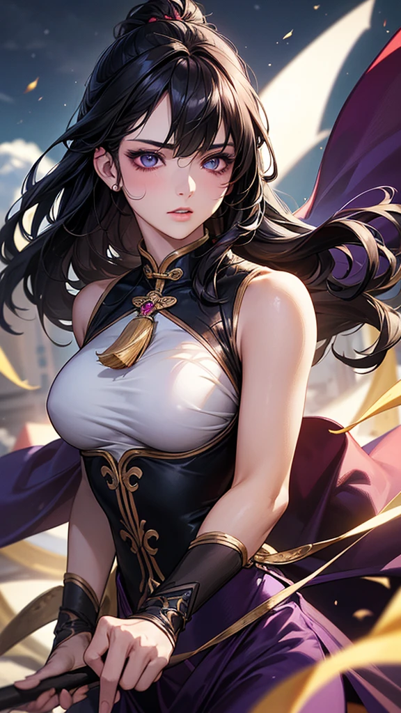 Highest quality, Ultra-high resolution, (Realistic: 1.4), Beautiful eyes, Super beautiful, Beautiful beauty, One person、Spearman,Warrior、 Chinese style purple and black tones、Controlling the Wind、whole body、(Black Hair、Medium Hair、Updo Hair),Beautiful soldier, Eyes that beckon, Droopy eyeistress's point of view, Attractive look, Fearless smile, (Perfect Anatomy, Anatomically correct, Highly detailed skin), Dancing, snow