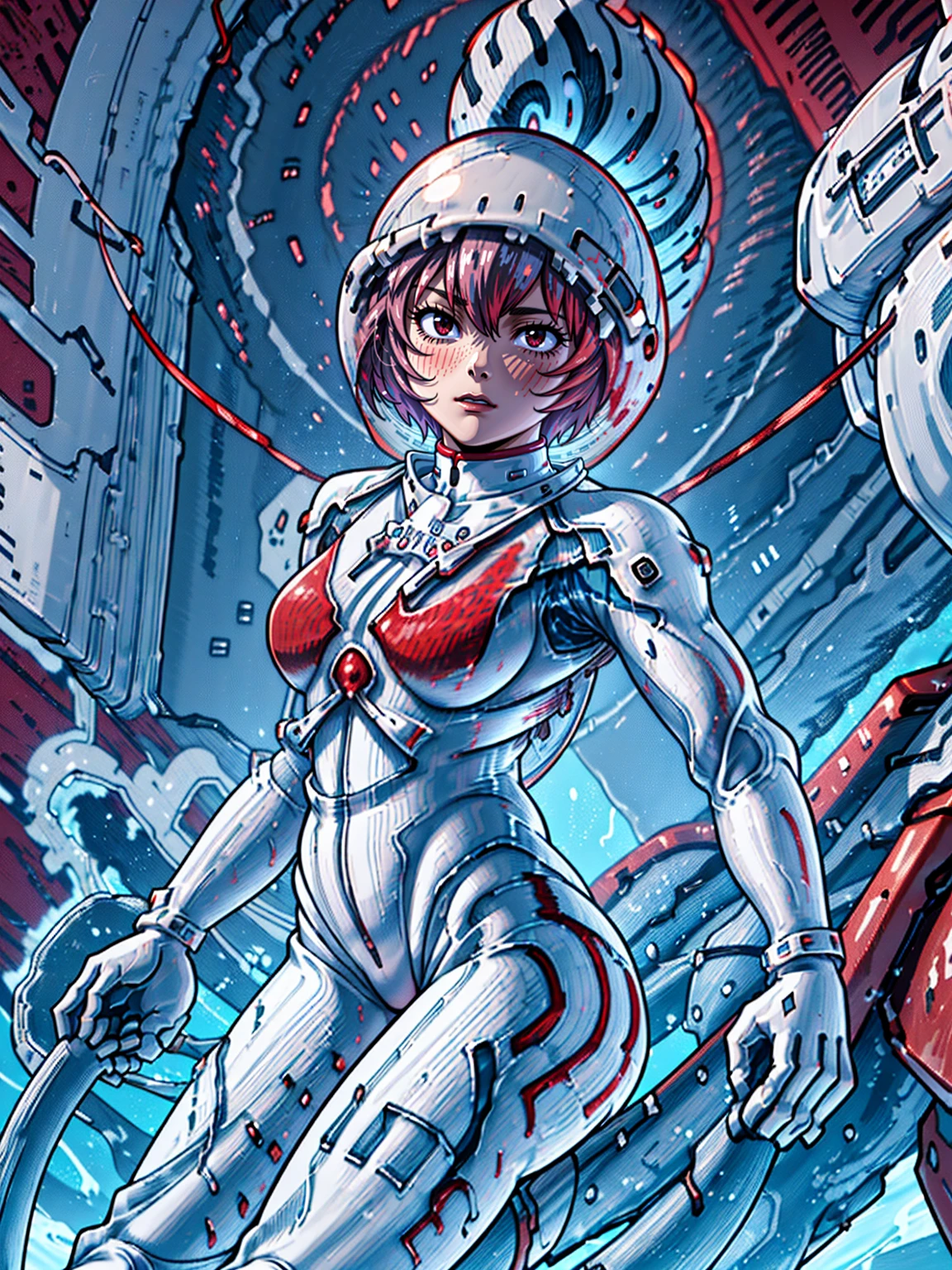 ((Highest quality, 8k wallpaper)),(masterpiece, Highest quality),Very detailed,High resolution,(Official Art:1.3),(((Anime screenshots,Black outline))),One girl,alone, Break mer1,(Rei Ayanami {Neon Genesis Evangelion,}1.2),masterpiece, best quality, outdoor, 1girl, Solo,red eyes,short hair,blue hair, (White plug suit:1.4), skin tight,(backlight, shaded face, cross-eyed, rolling eyes, empty eyes, jitome, raised eyebrows, one eye closed:1.3),(((Covered in sweat, Mass sweat, Sweating profusely,steam,diving helmet:1.7))), (((fighting stance, knees together feet apart, leaning forward, holding own arms, bent legs:1.3))), (underground, in cave, lava, volcano:1.5),(((独奏, cowboy shot, Red Theme:1.7))), 